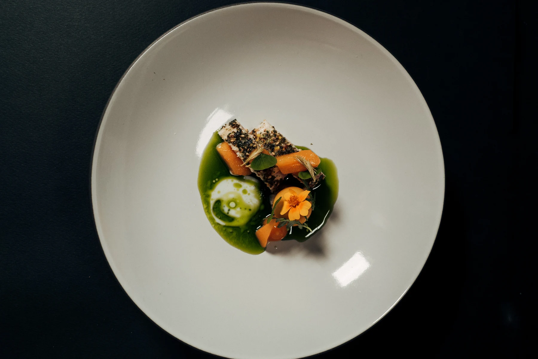 Ein von oben fotografierter Teller mit kunstvoll angerichtetem Gemüse und grüner Sauce